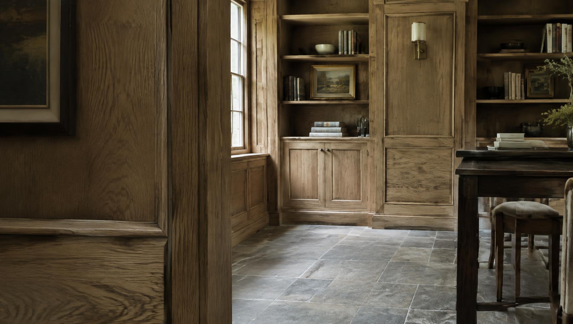 Oak-paneled library with custom millwork and natural stone floor